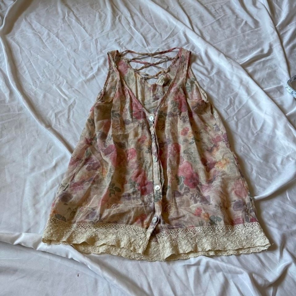 Eyelash Couture Floral Lace Trim Criss Cross Back Boho Tank Top Women's M